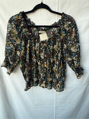 MOTHER Black Floral Peasant Blouse with Ruffle Tie
